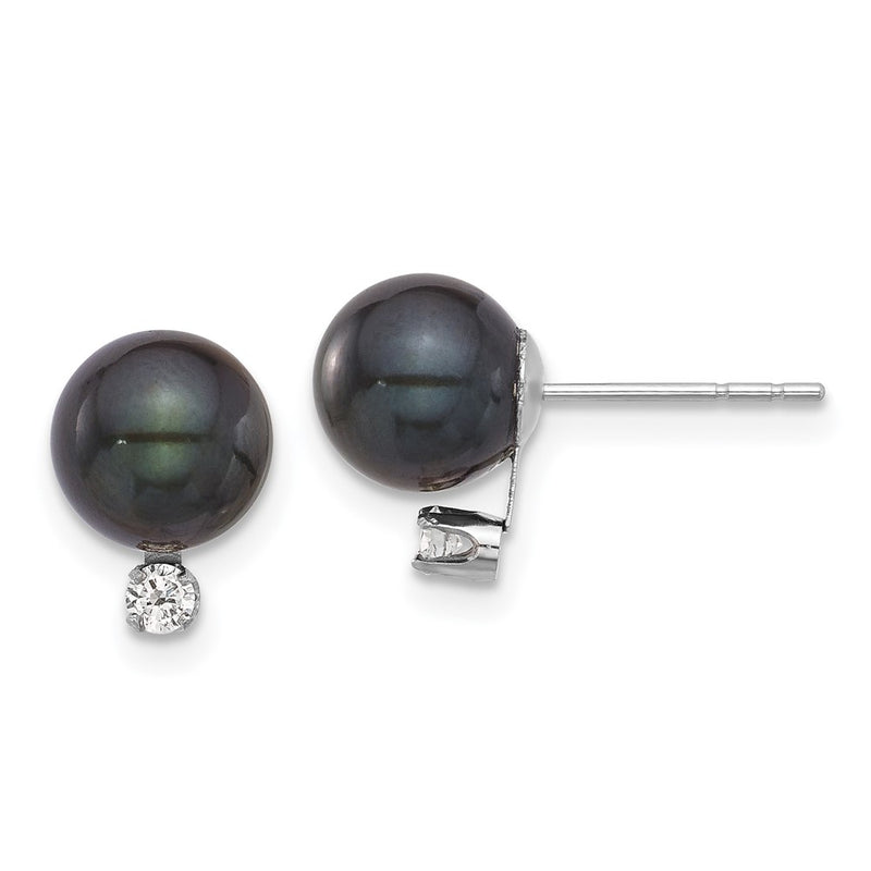 14K White Gold 7-8mm Round Black Akoya Pearl & .10ct Dia Post Earrings