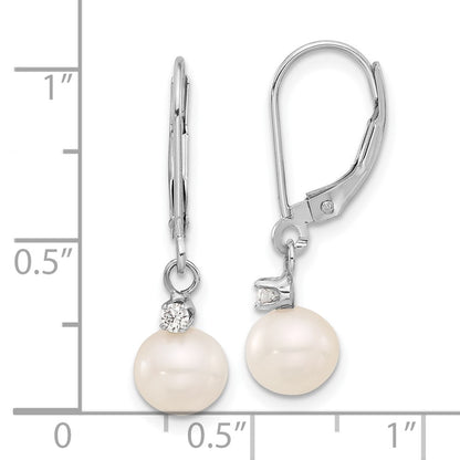 14K White Gold 7-8mm White Fwc Pearl and .10ct Dia Dangle Earrings