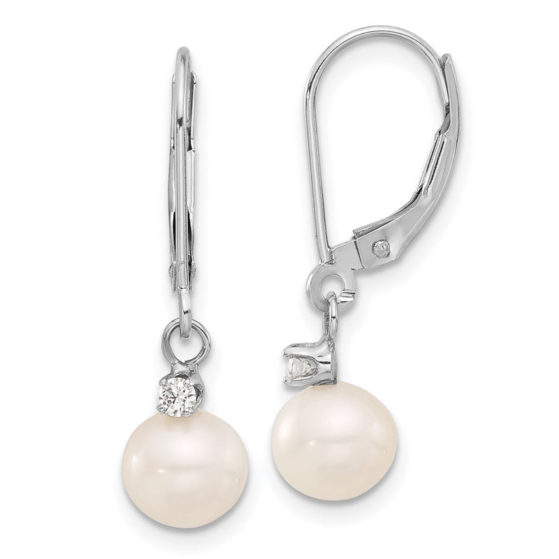 14K White Gold 7-8mm White Fwc Pearl and .10ct Dia Dangle Earrings