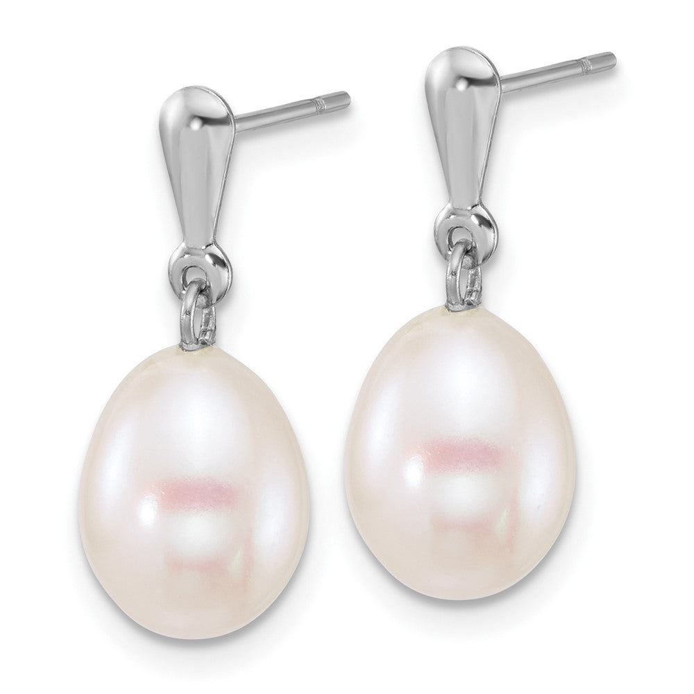 14K White Gold Wg 8-9mm Rice White Freshwater Cultured Pearl Post Dangle Earrings