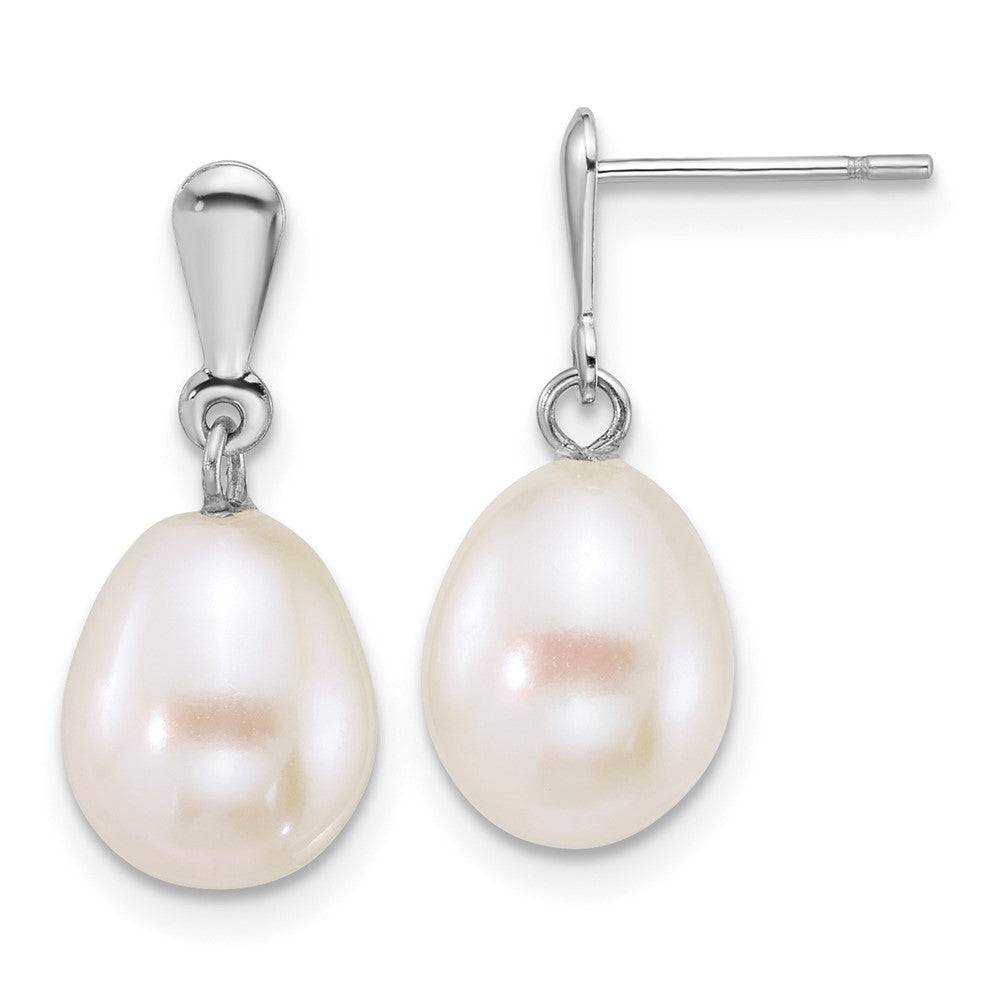 14K White Gold Wg 8-9mm Rice White Freshwater Cultured Pearl Post Dangle Earrings