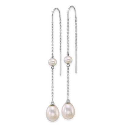 14K White Gold Wg Near-Rnd/teardrop White Freshwater Cultured Pearl Threader Earrings