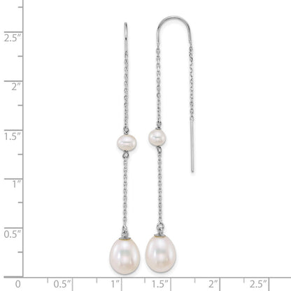 14K White Gold Wg Near-Rnd/teardrop White Freshwater Cultured Pearl Threader Earrings