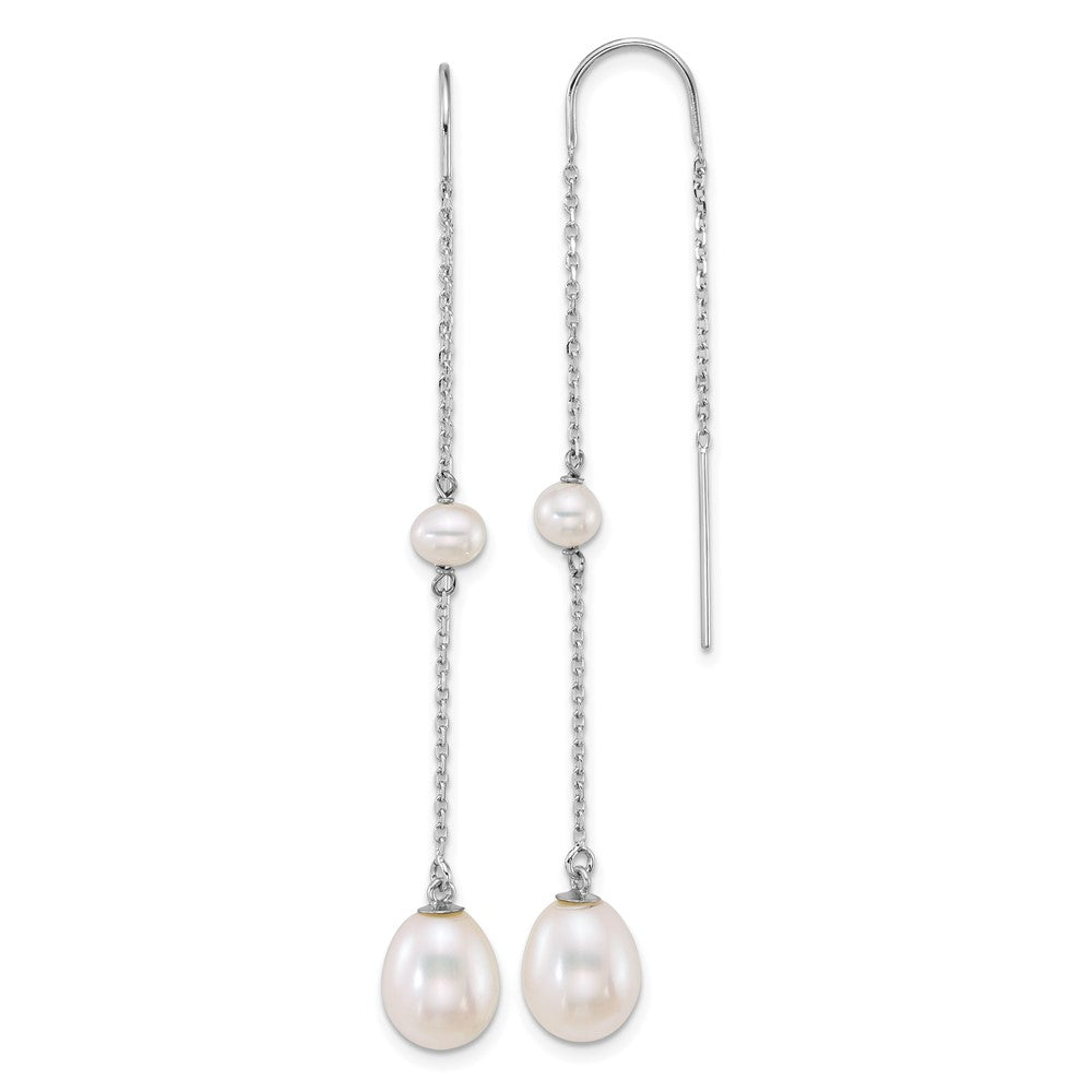 14K White Gold Wg Near-Rnd/teardrop White Freshwater Cultured Pearl Threader Earrings