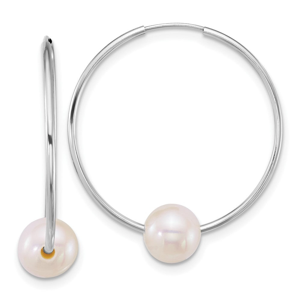 14K White Gold Wg 6-7mm Semi-Round Freshwater Cultured Pearl Hoop Earrings