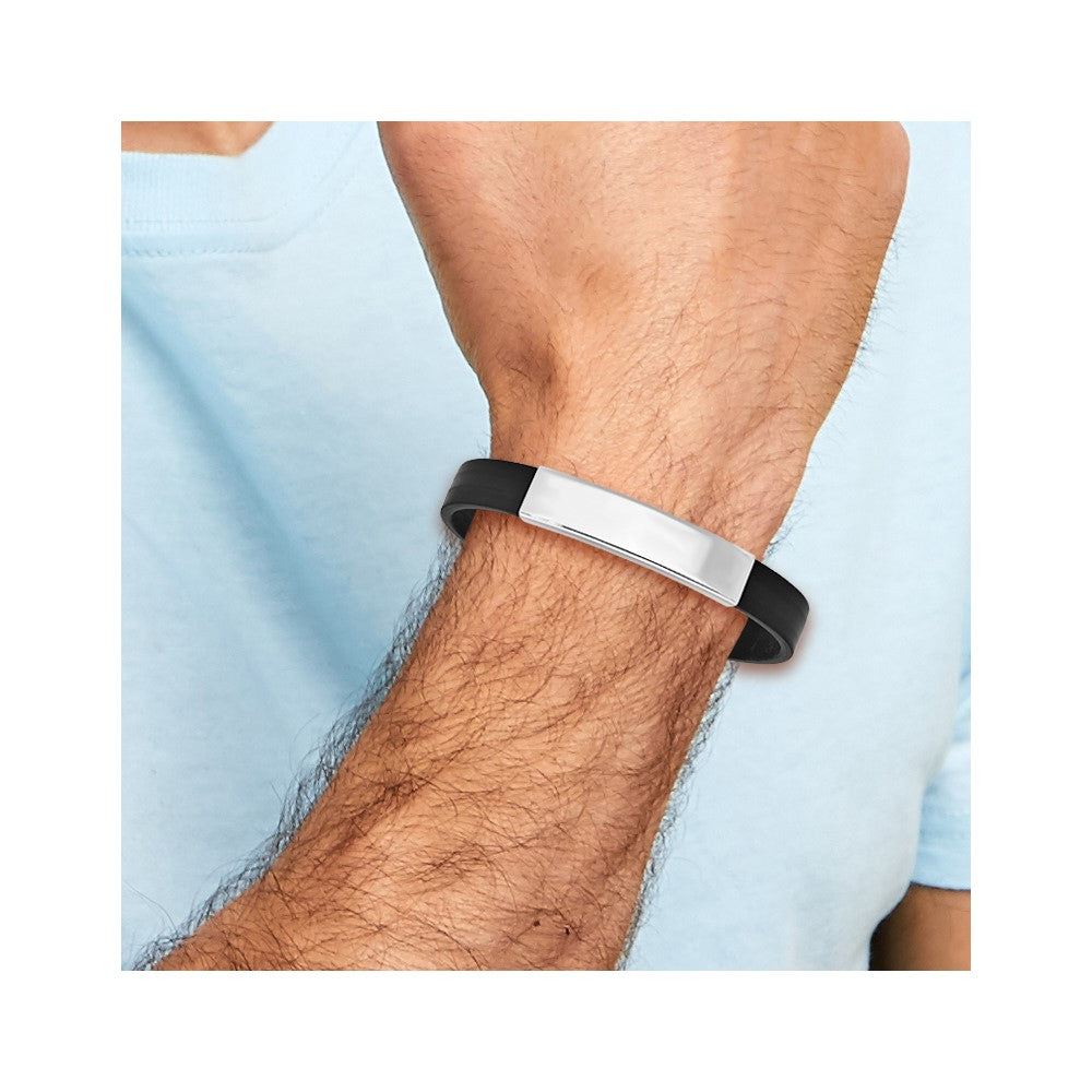 Sterling Silver Rhodium Plated Id Black Rubber Bracelet