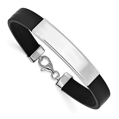 Sterling Silver Rhodium Plated Id Black Rubber Bracelet