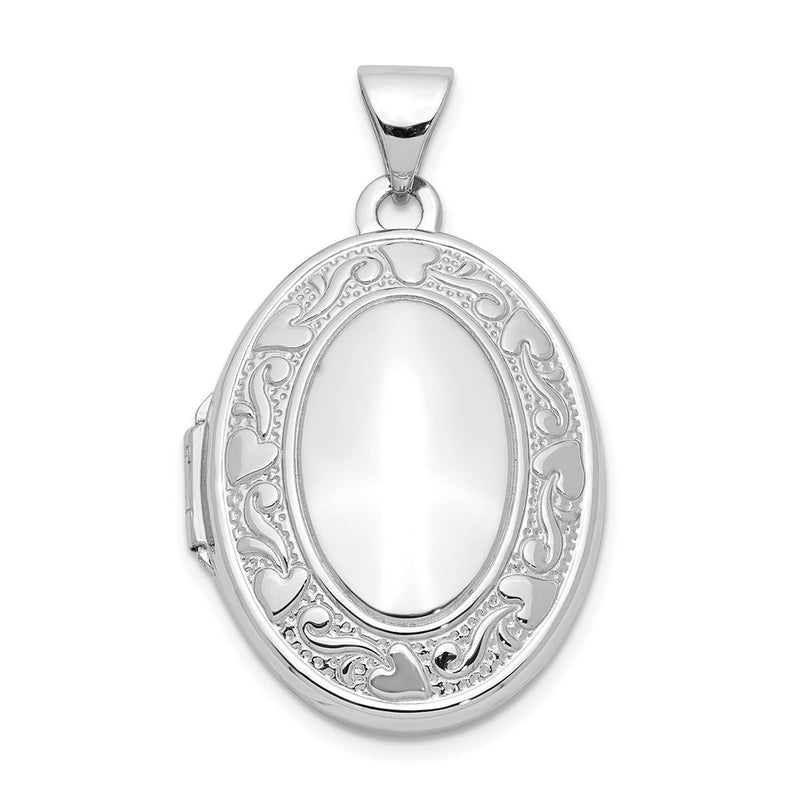 14k White Gold 14k White Gold Heart and Scroll Border Oval Locket
