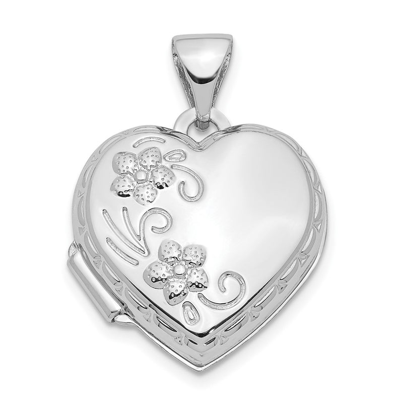 14K White Gold Polished Reversible Floral Heart Locket