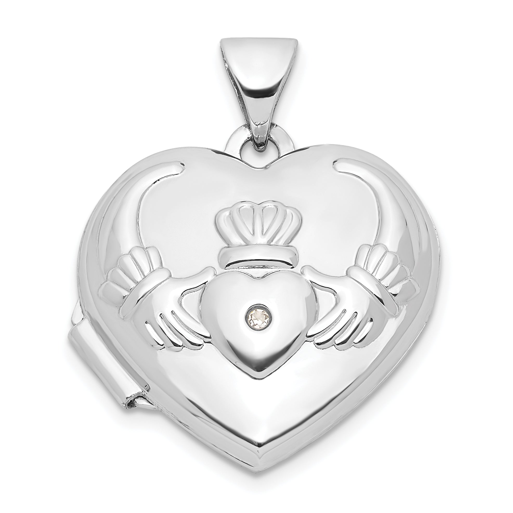14k White Gold 14k White Gold Diamond Heart Claddagh Locket