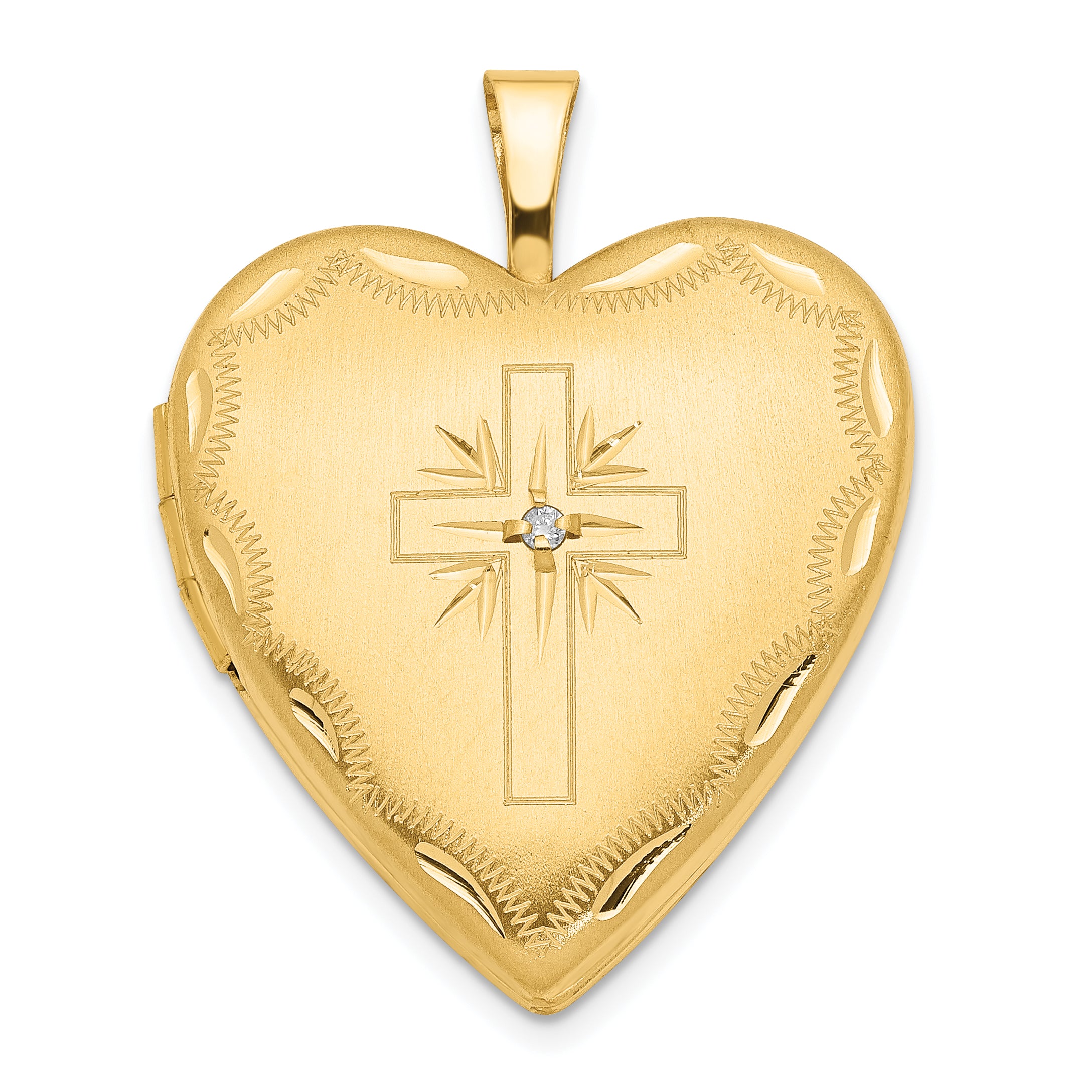 14k Yellow Gold 14ky 20mm Diamond Satin & D/C Cross Heart Locket