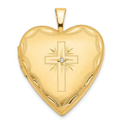 14k Yellow Gold 14ky 20mm Diamond Satin & D/C Cross Heart Locket
