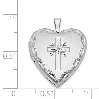 14K White Gold 20mm Diamond Satin & D/C Cross Heart Locket