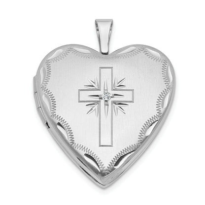 14K White Gold 20mm Diamond Satin & D/C Cross Heart Locket