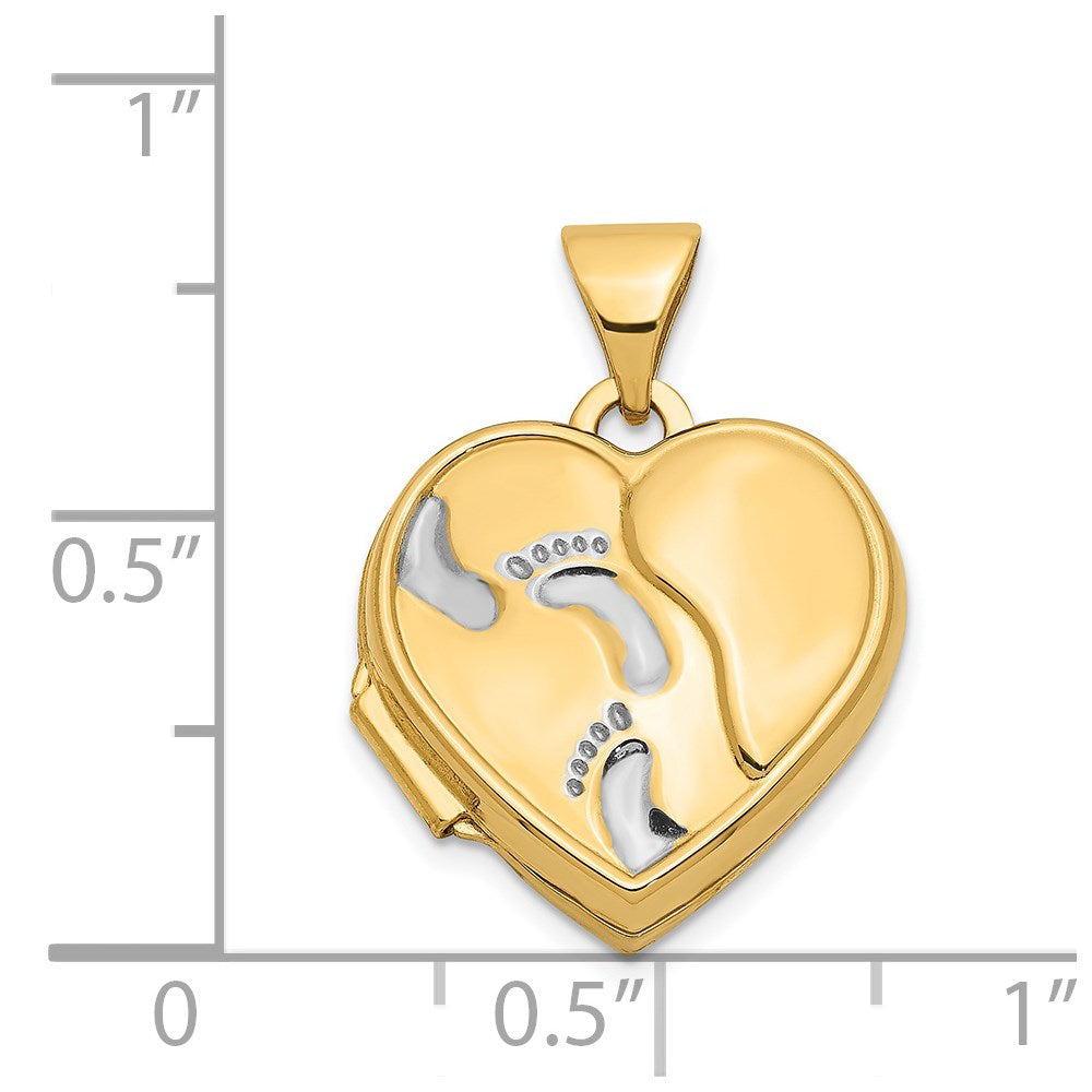 14k Yellow & Rhodium 14ky w/ White Rhodium 15mm Heart Foot Prints Locket