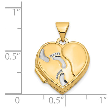 14k Yellow & Rhodium 14ky w/ White Rhodium 15mm Heart Foot Prints Locket