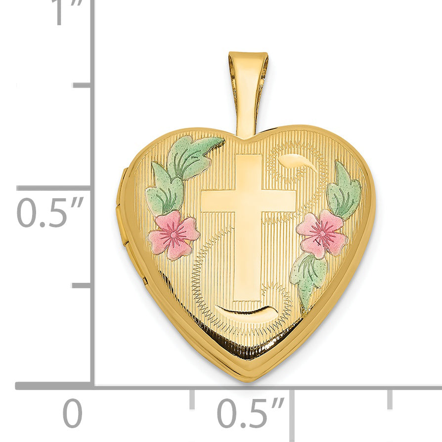 14K Yellow Gold 14Ky 16mm With Enamel Floral Cross Heart Locket