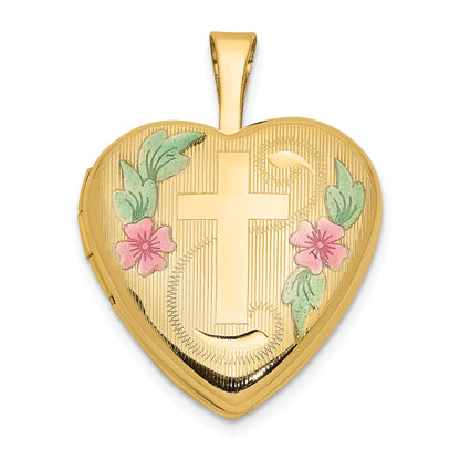14K Yellow Gold 14Ky 16mm With Enamel Floral Cross Heart Locket