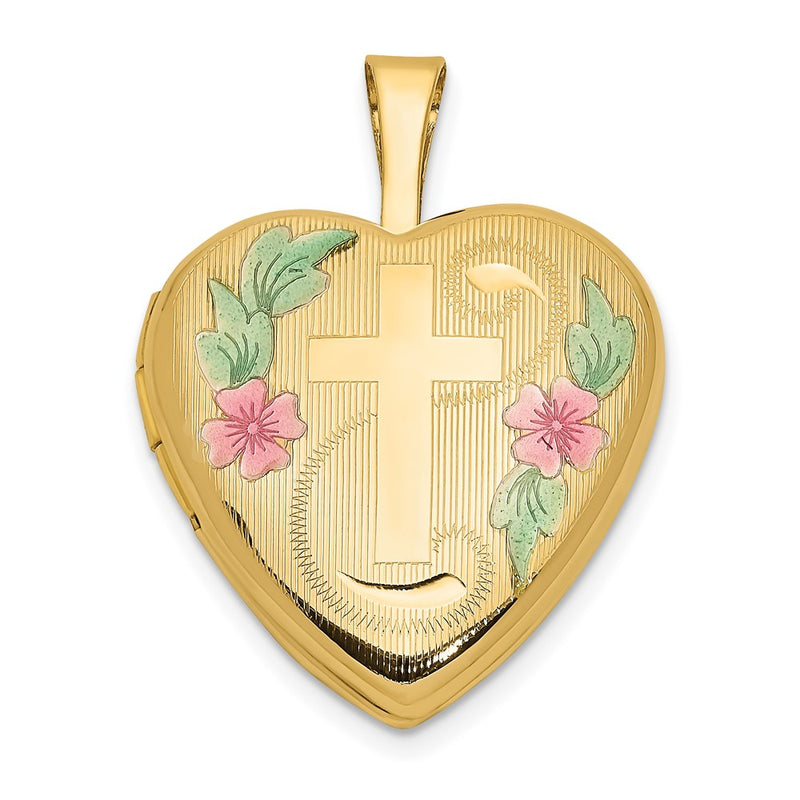 14K Yellow Gold 14Ky 16mm With Enamel Floral Cross Heart Locket