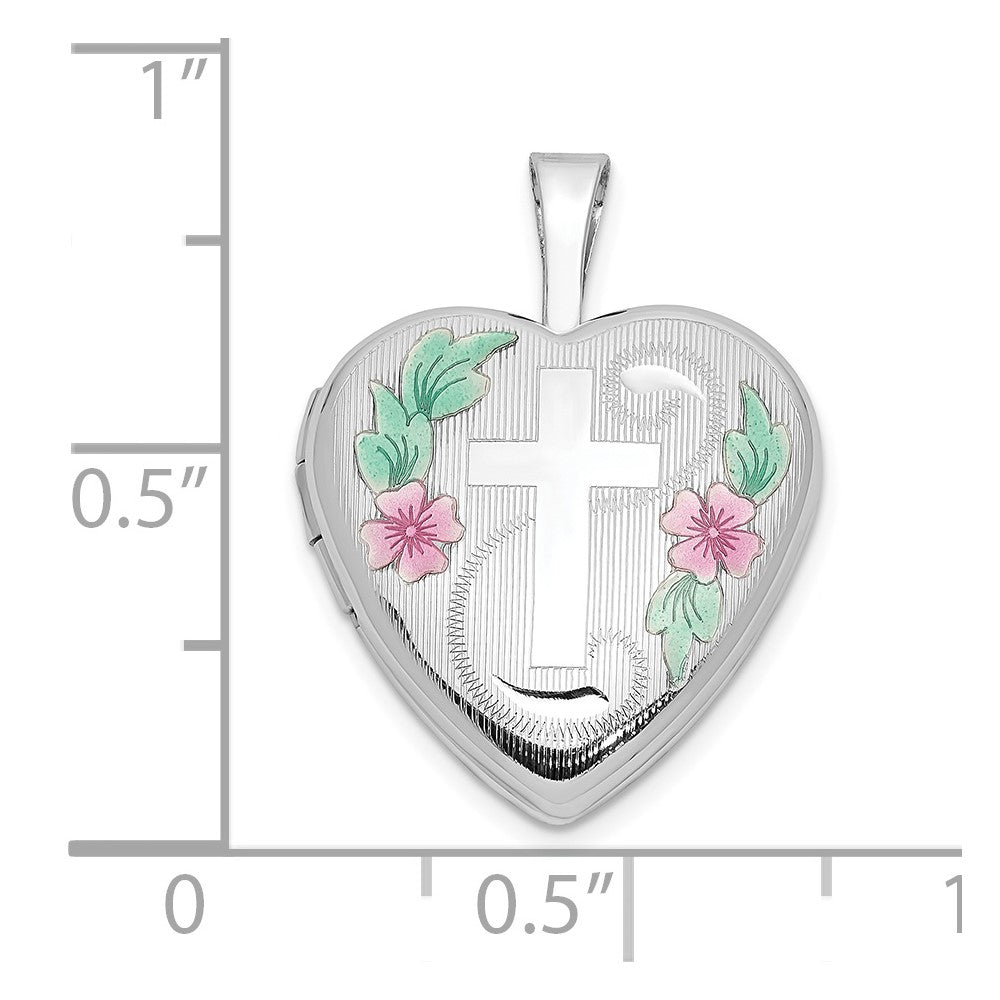 14k White Gold 14k White Gold 16mm with Enamel Floral Cross Heart Locket