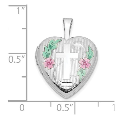14k White Gold 14k White Gold 16mm with Enamel Floral Cross Heart Locket