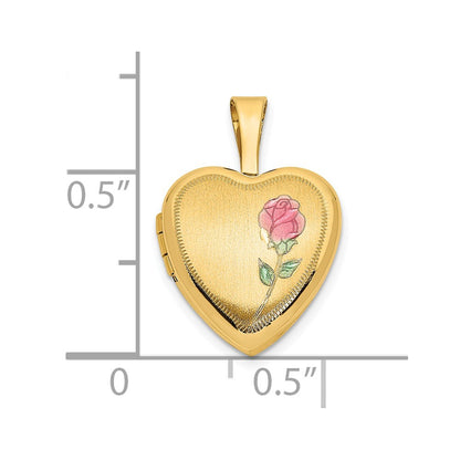 14k Yellow Gold 14k 12mm Satin with Enamel Rose Heart Locket