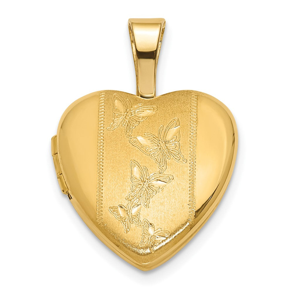 14K Yellow Gold Polished and Satin 12mm Butterfly Heart Locket