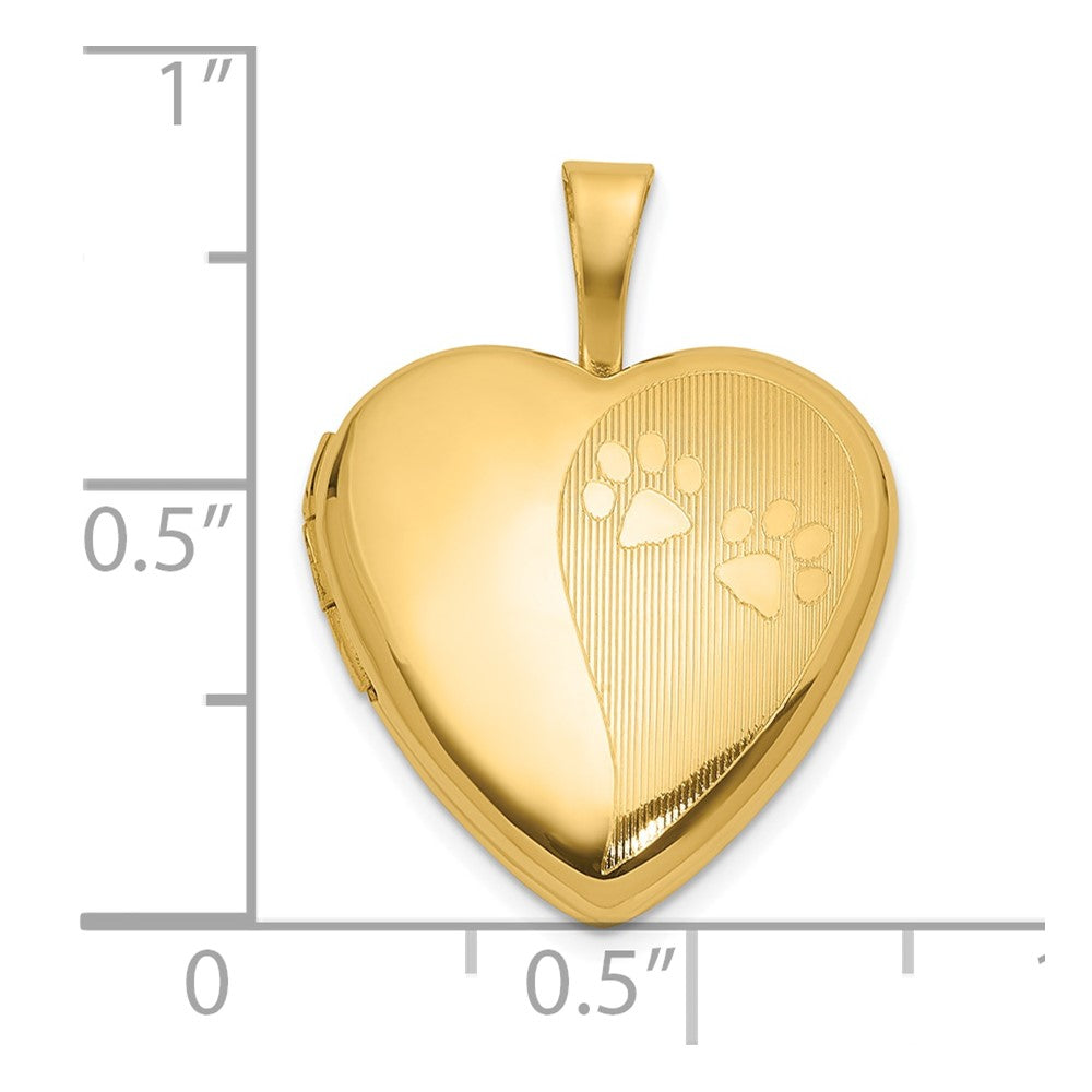 14K Yellow Gold Textured and Polished Paw Prints 16mm Heart Locket