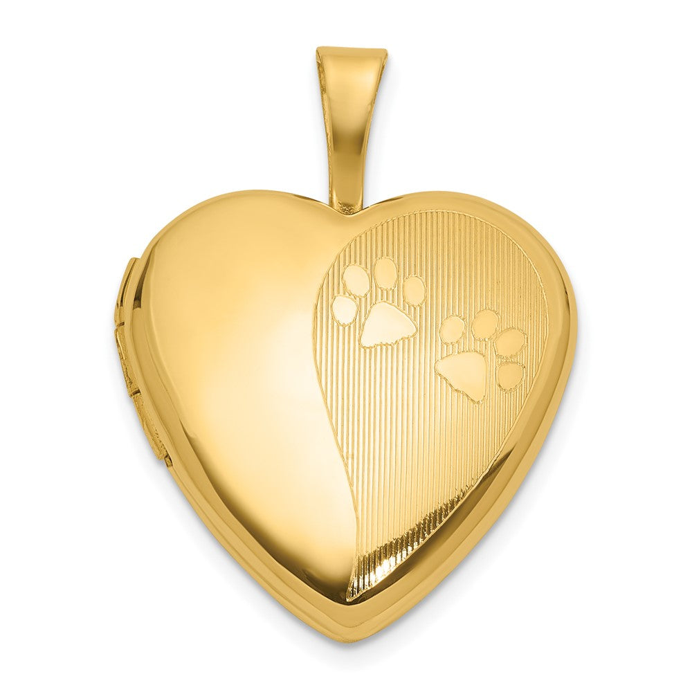 14K Yellow Gold Textured and Polished Paw Prints 16mm Heart Locket