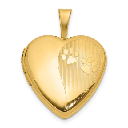 14K Yellow Gold Textured and Polished Paw Prints 16mm Heart Locket