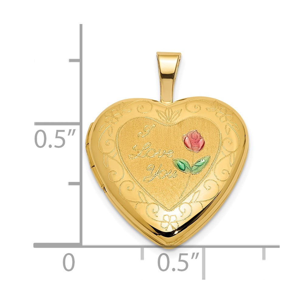 14K Yellow Gold Polished and Satin W/ Enamel 16mm I Love You Rose Heart Locket