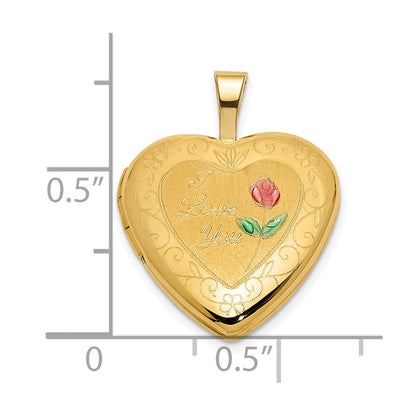 14K Yellow Gold Polished and Satin W/ Enamel 16mm I Love You Rose Heart Locket