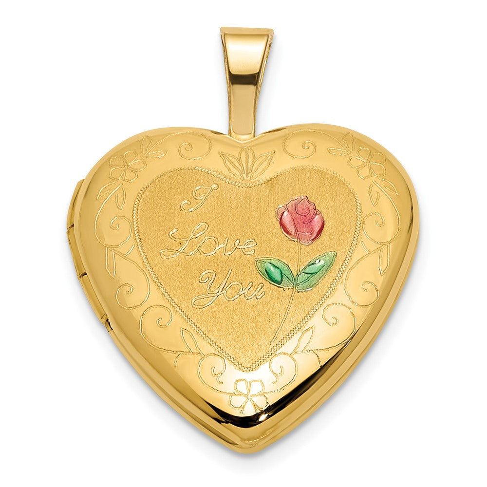 14K Yellow Gold Polished and Satin W/ Enamel 16mm I Love You Rose Heart Locket