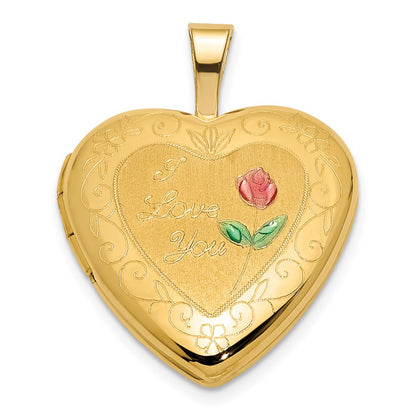 14K Yellow Gold Polished and Satin W/ Enamel 16mm I Love You Rose Heart Locket