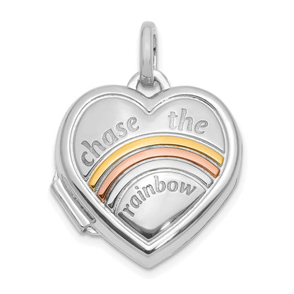 14K White Gold White with Rose Rhodium 15mm Chase the Rainbow Heart Locket