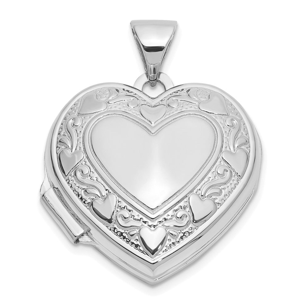 14K White Gold Polished Heart Border 18mm Love You Reversible Heart Locket