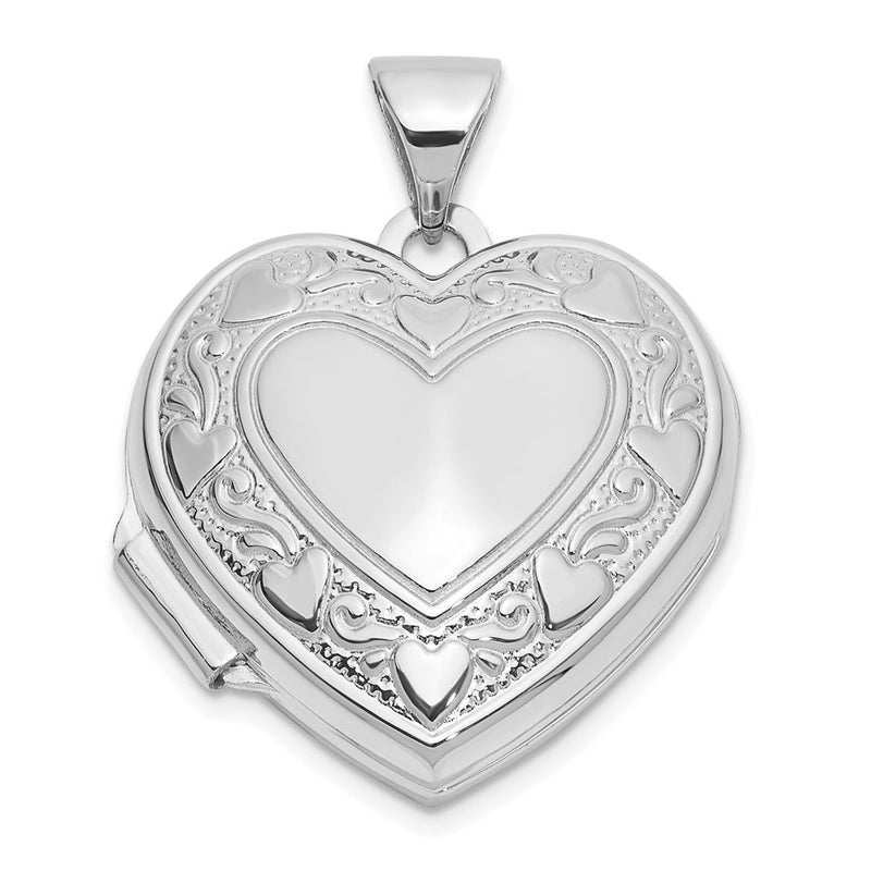 14K White Gold Polished Heart Border 18mm Love You Reversible Heart Locket