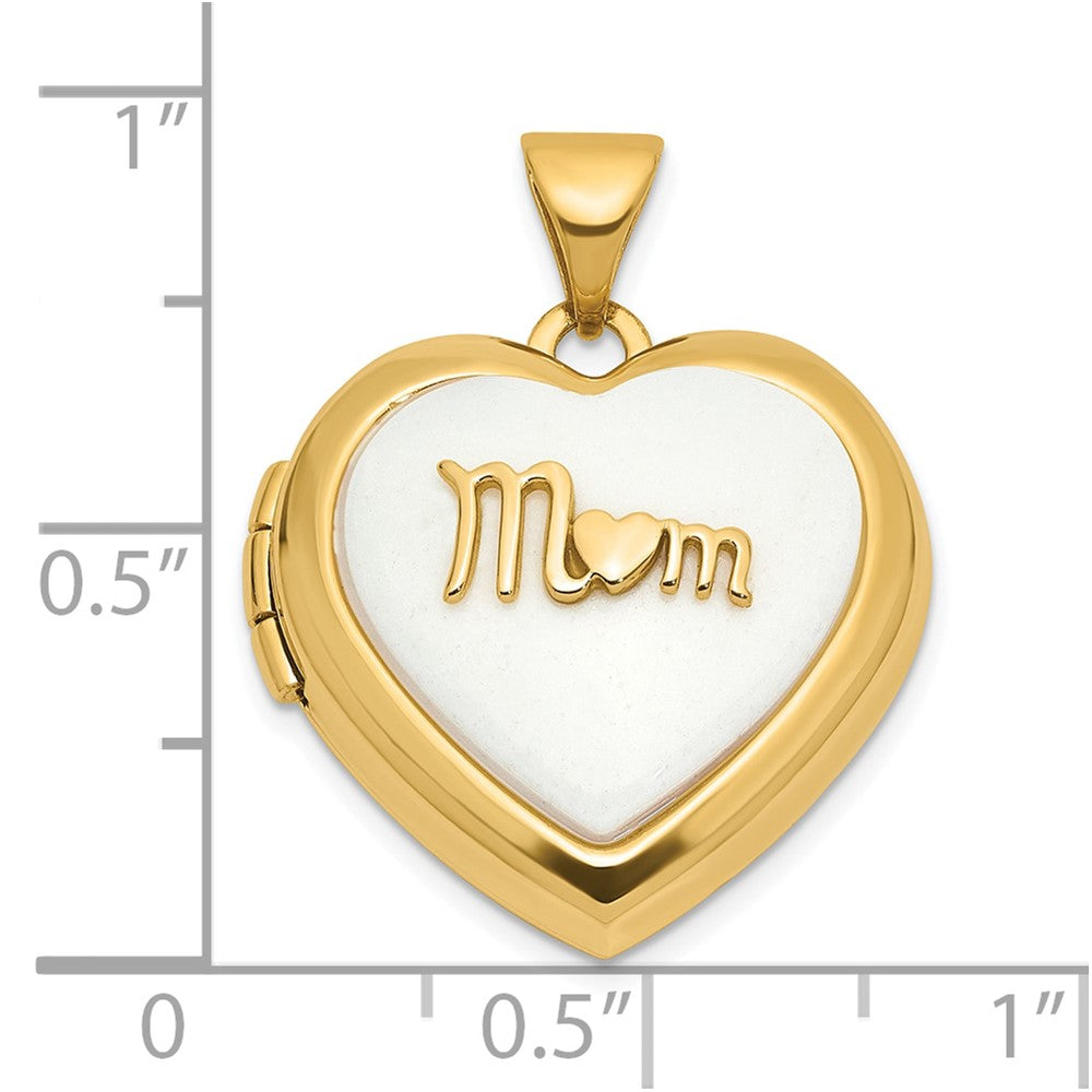 14K Yellow Gold Polished White Agate Mom 18mm Heart Locket