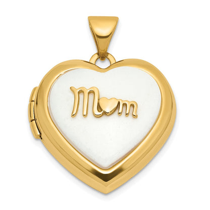14K Yellow Gold Polished White Agate Mom 18mm Heart Locket