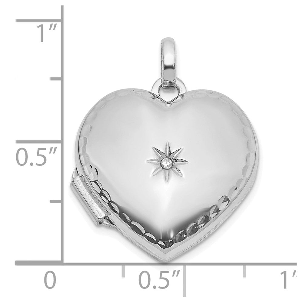 14K White Gold Polished and Textured Diamond 15mm Heart Locket