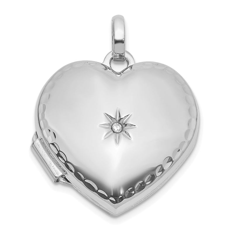 14K White Gold Polished and Textured Diamond 15mm Heart Locket