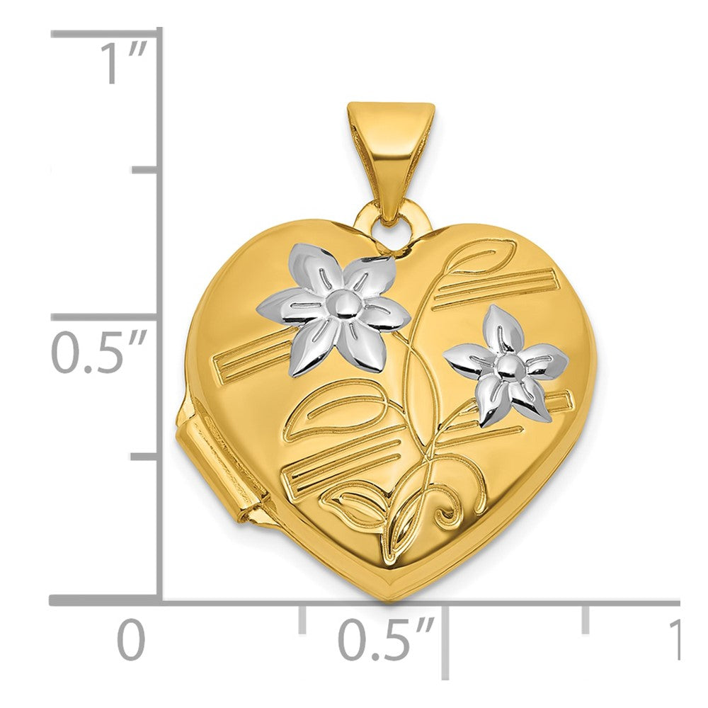 14K Yellow & Rhodium and Rhodium Polished Floral 18mm Heart Locket