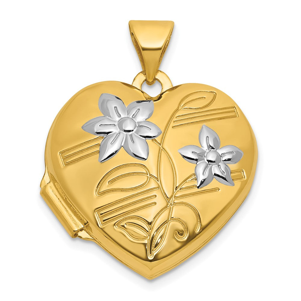 14K Yellow & Rhodium and Rhodium Polished Floral 18mm Heart Locket