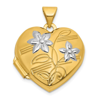 14K Yellow & Rhodium and Rhodium Polished Floral 18mm Heart Locket