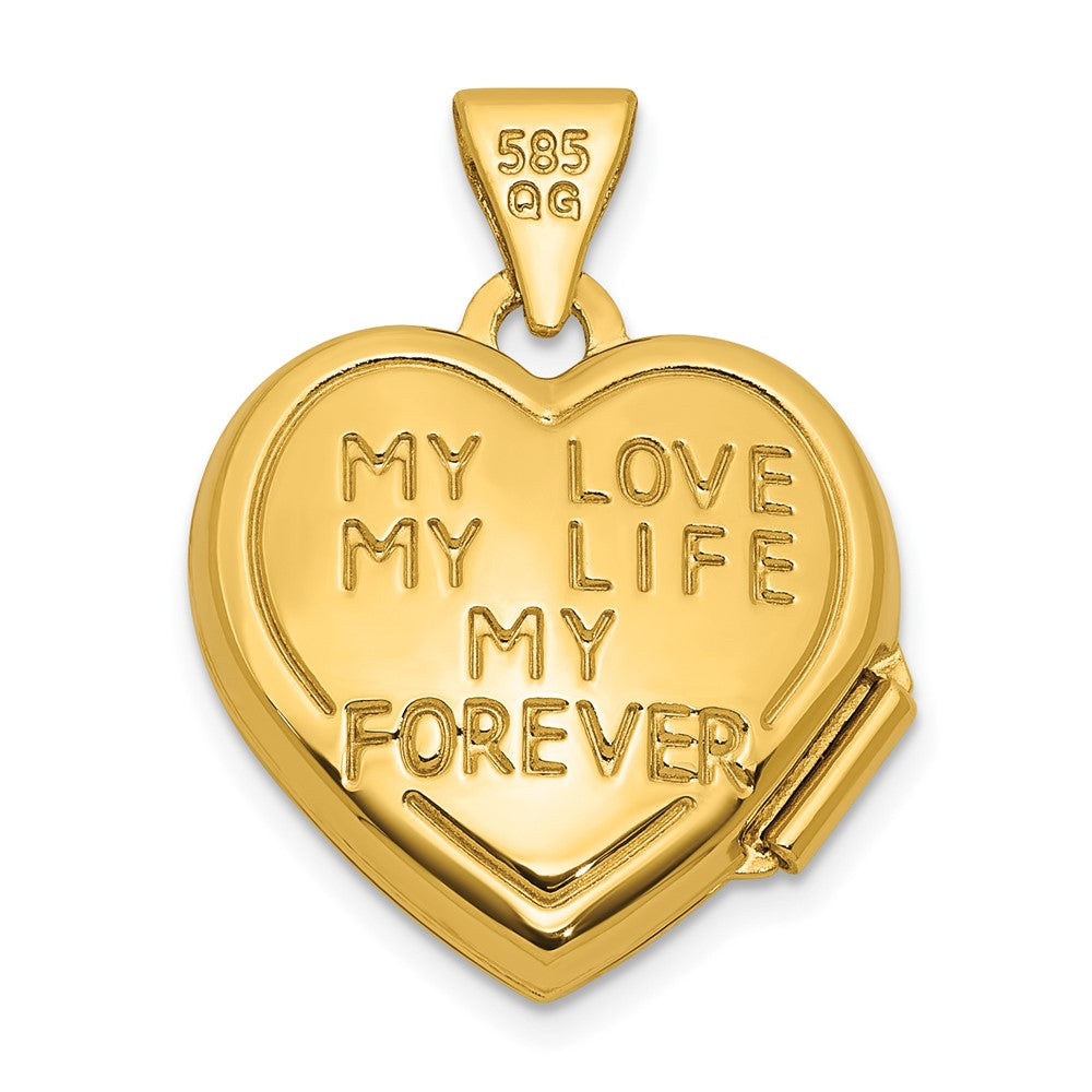 14K Yellow & Rhodium & Rhodium My Love My Life My Forever on Back 15mm Heart Locket