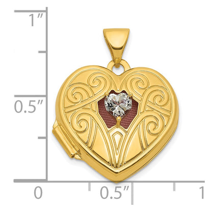 14K Yellow Gold Polished White Topaz April Birthstone 18mm Heart Locket