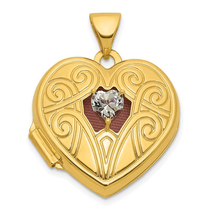 14K Yellow Gold Polished White Topaz April Birthstone 18mm Heart Locket
