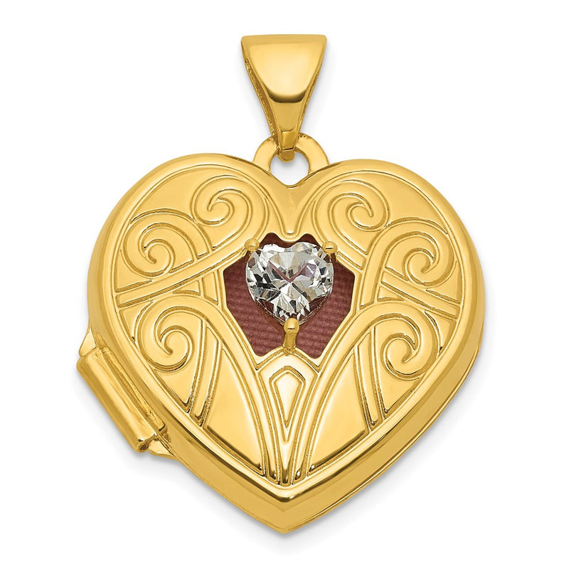 14K Yellow Gold Polished White Topaz April Birthstone 18mm Heart Locket