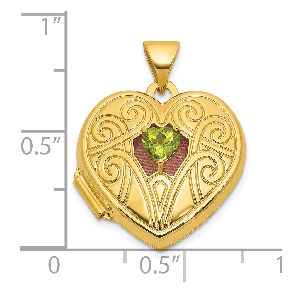 14K Yellow Gold Polished Peridot August Birthstone 18mm Heart Locket