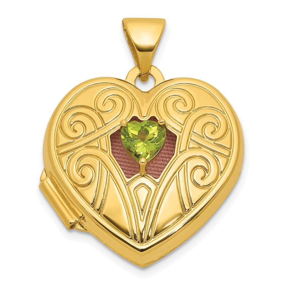 14K Yellow Gold Polished Peridot August Birthstone 18mm Heart Locket